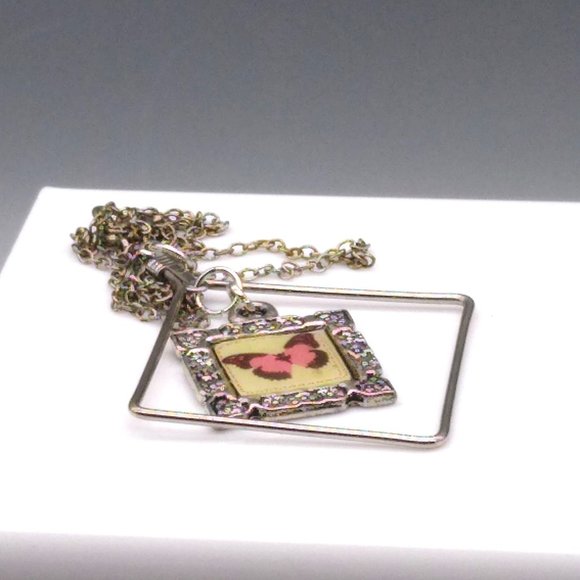 Vintage Square Pendant with Enamel Butterfly in Silver Tone Frame on Delicate - Picture 2 of 4